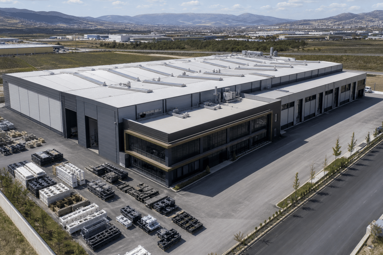CNC manufacturing facility Aerial view of a modern CNC machinery manufacturing facility