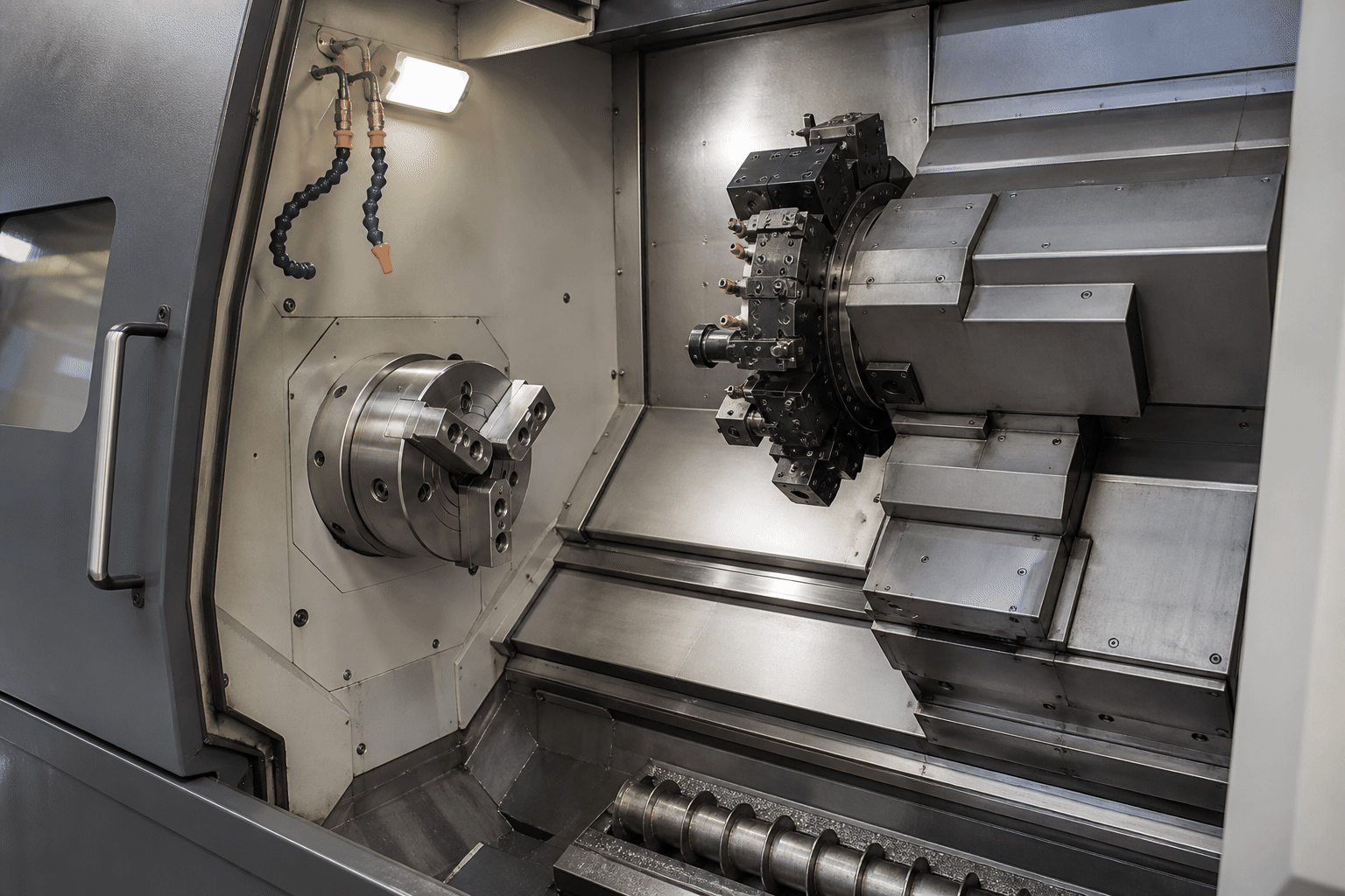 CNC turning center detail CNC turning center with the machining chamber open and tooling visible